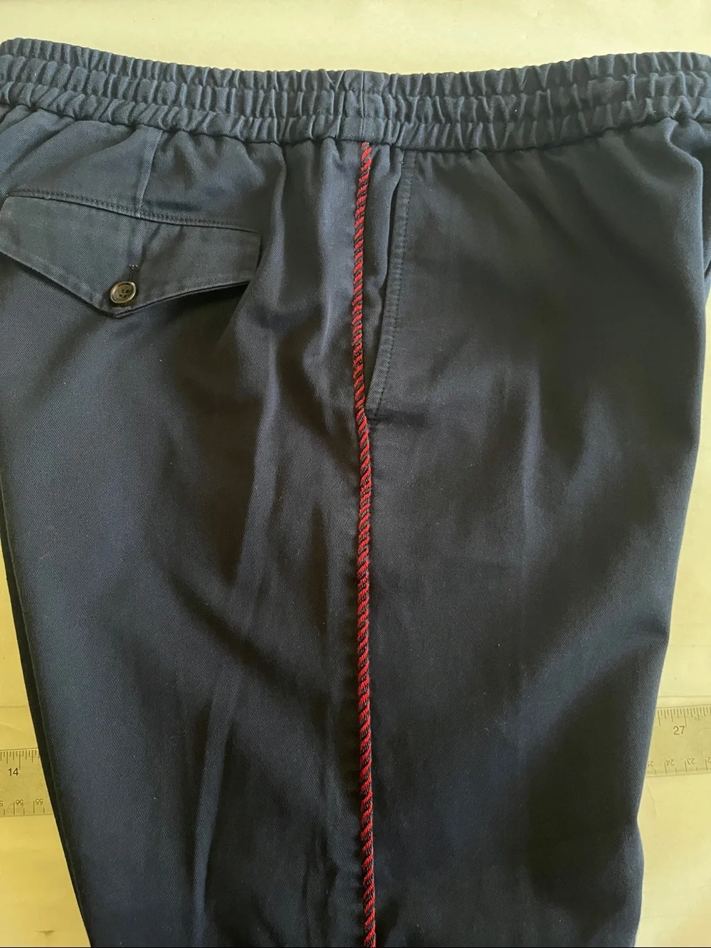 Gucci Navy Drawstring Pants red and blue pipe down side size 48